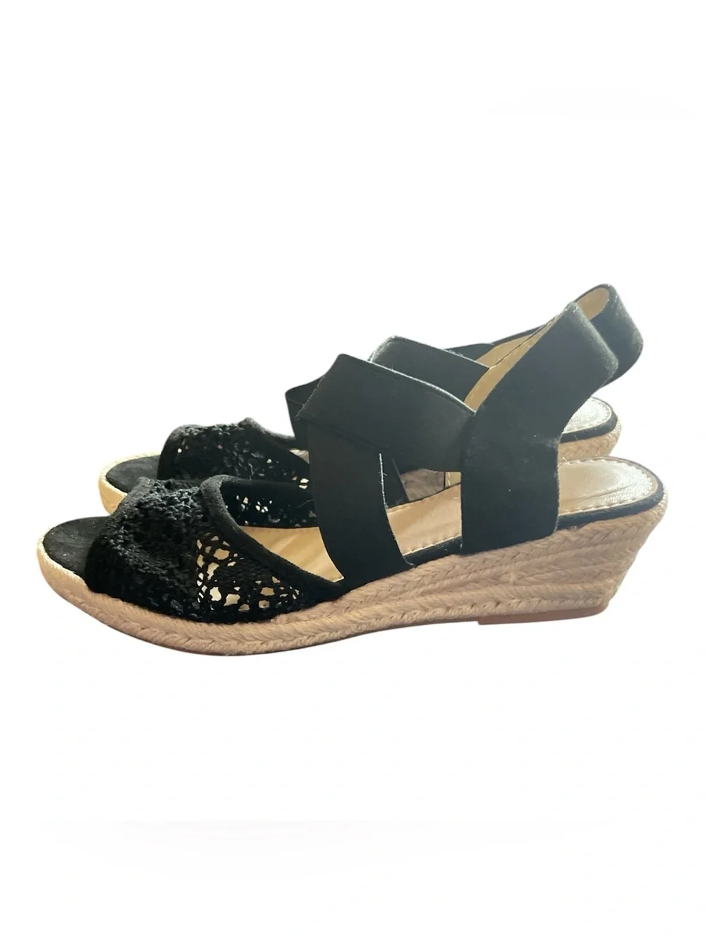 Black lace wedge espadrilles sandals